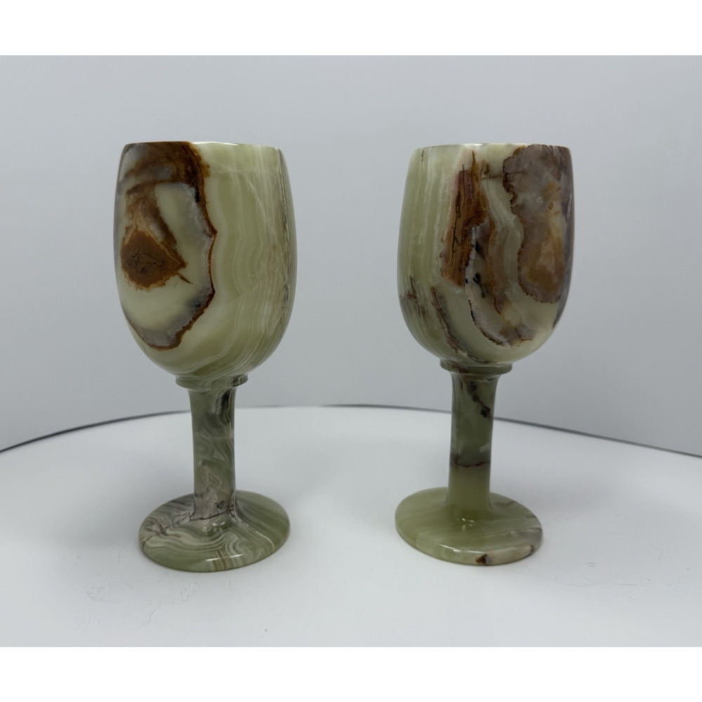 Ten Thousand Villages Onyx Stone Wine Goblets Set of 2 Green Brown White